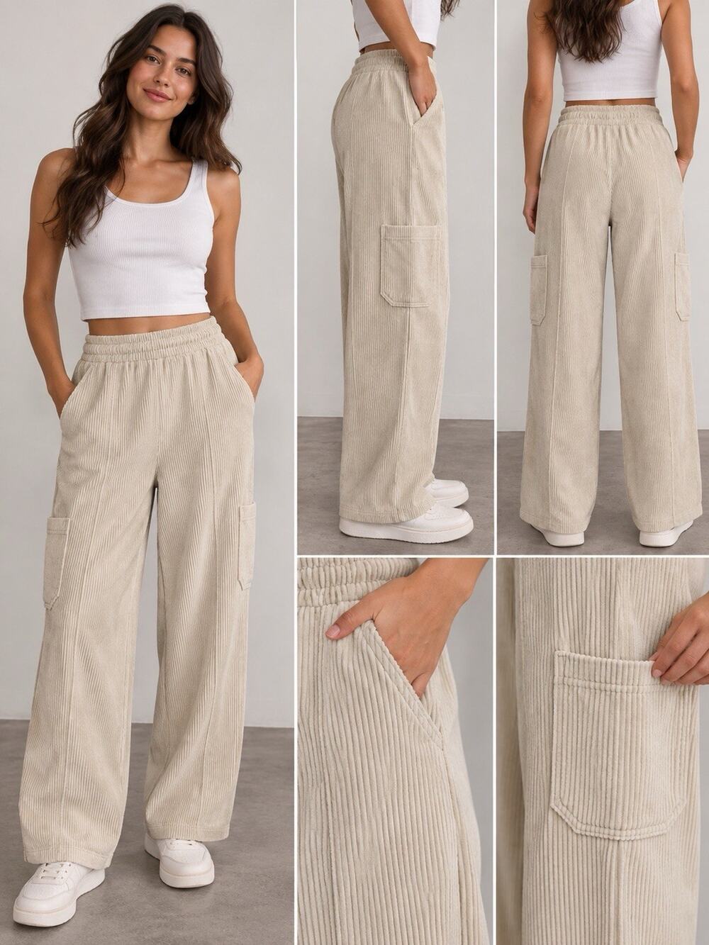Urban Outfitters Cream Beige Corduroy Cargo Pants Wide Leg S/P